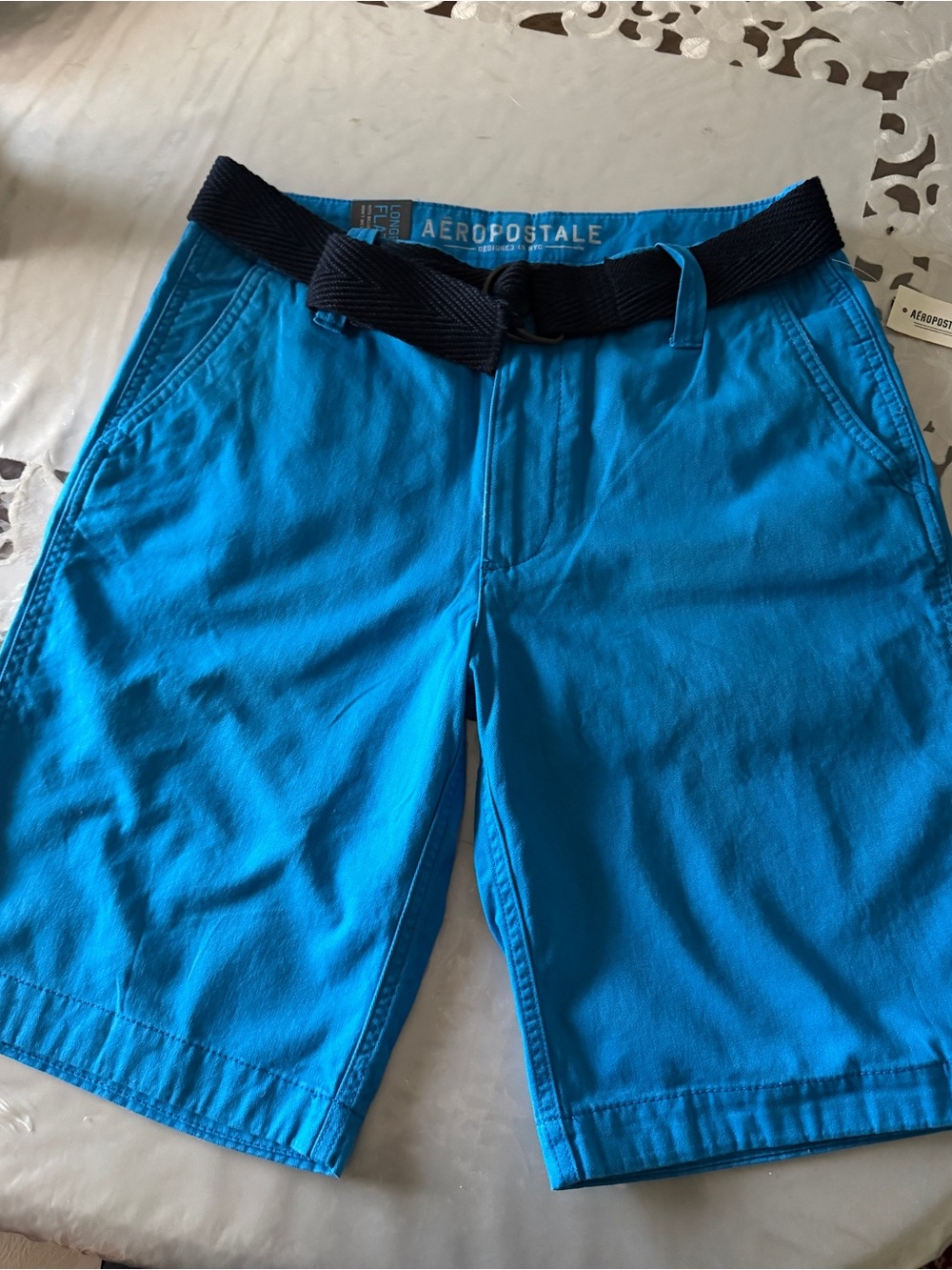 Aeropostale Men's Bright Blue Flat Front Chino Shorts with Navy Belt